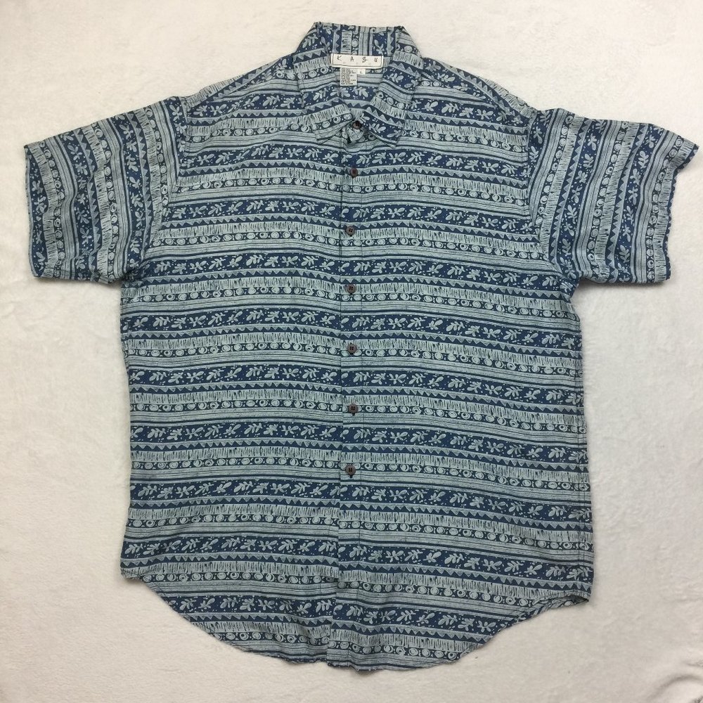 Kazu 100% Silk Shirt Mens Size L Blue & White Striped Leaves Print Short Sleeve